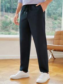 Manfinity NiteLyfe Hombres Pantalones unicolor de cintura con cordón - Azul Marino - Ver 3