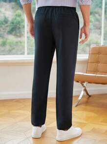 Manfinity NiteLyfe Hombres Pantalones unicolor de cintura con cordón - Azul Marino - Ver 4