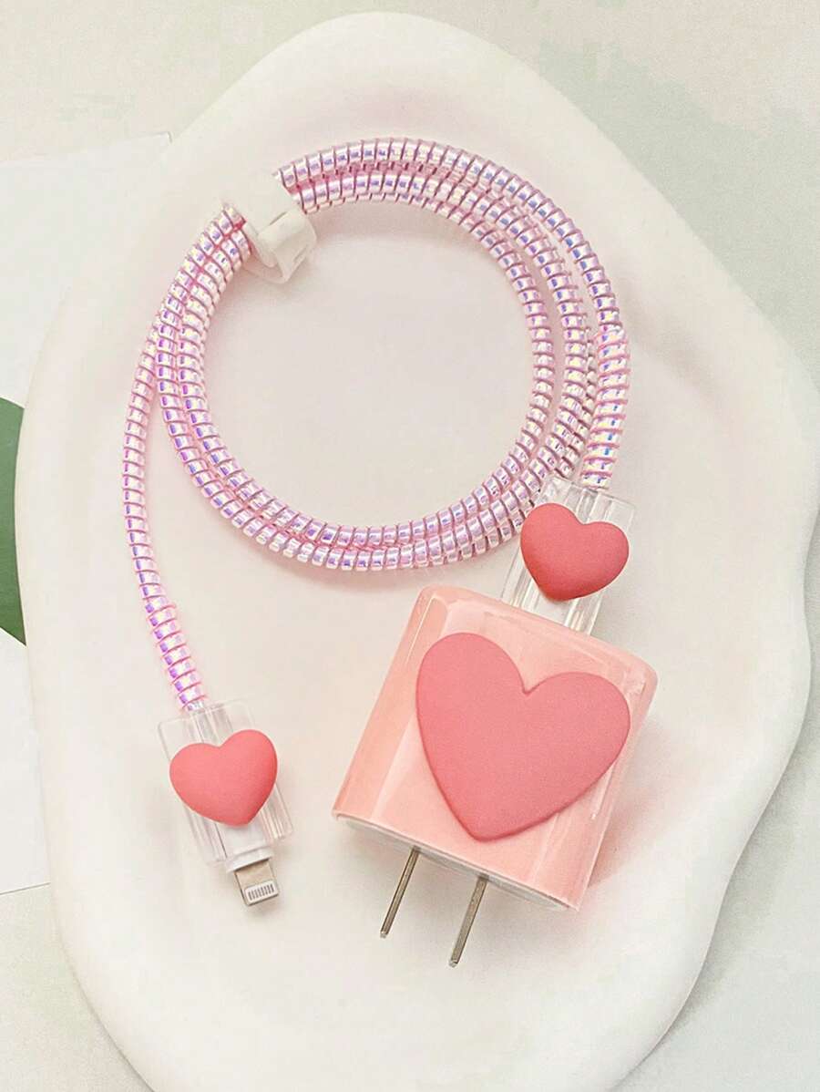 5入組愛心裝飾數據線保護頭和充電頭套 - 彩色 - 查看 1