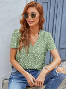 SHEIN LUNE Ditsy Floral Print Notched Neckline Puff Sleeve Blouse - Green - View 3