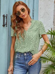 SHEIN LUNE Ditsy Floral Print Notched Neckline Puff Sleeve Blouse - Green - View 5