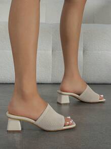 女性單帶粗跟優雅戶外織物穆勒高跟涼鞋 - 米色 - 查看 2