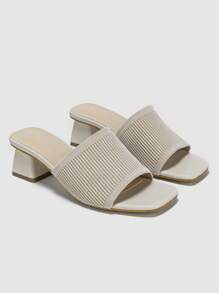 女性單帶粗跟優雅戶外織物穆勒高跟涼鞋 - 米色 - 查看 4