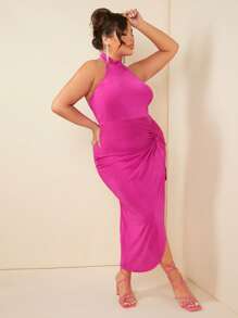 SHEIN SXY Đầm Plus Size Bất đối xứng Nút xoắn lại Tách cao màu trơn Thanh lịch - Màu Hồng Tươi - Xem 6