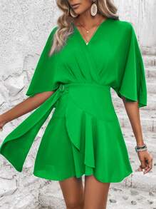 SHEIN VCAY 蝙蝠袖荷葉邊圍裹側打結連衣裙
