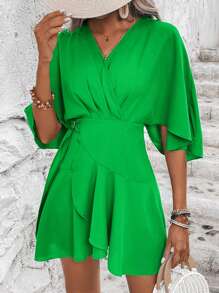 SHEIN VCAY 蝙蝠袖荷葉邊圍裹側打結連衣裙