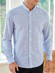 Manfinity NiteLyfe Nam Áo sơ mi Bông In sọc Nút phía trước - Xanh và trắng - Xem 3