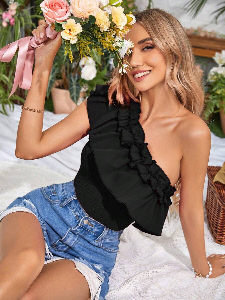 SHEIN VCAY Áo nữ Xù phân lớp màu trơn Giải trí - màu đen - Xem 1
