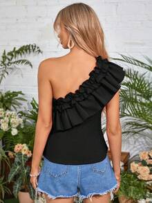 SHEIN VCAY Áo nữ Xù phân lớp màu trơn Giải trí - màu đen - Xem 2