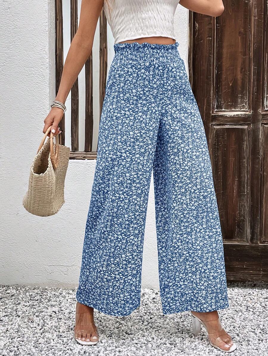 SHEIN LUNE 碎花紙袋腰闊腿褲 - 藍色 - 查看 1