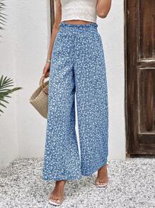 SHEIN LUNE 碎花紙袋腰闊腿褲 - 藍色 - 查看 3