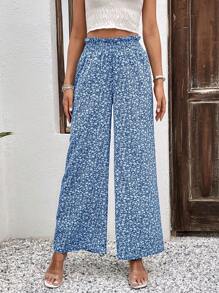 SHEIN LUNE 碎花紙袋腰闊腿褲 - 藍色 - 查看 6