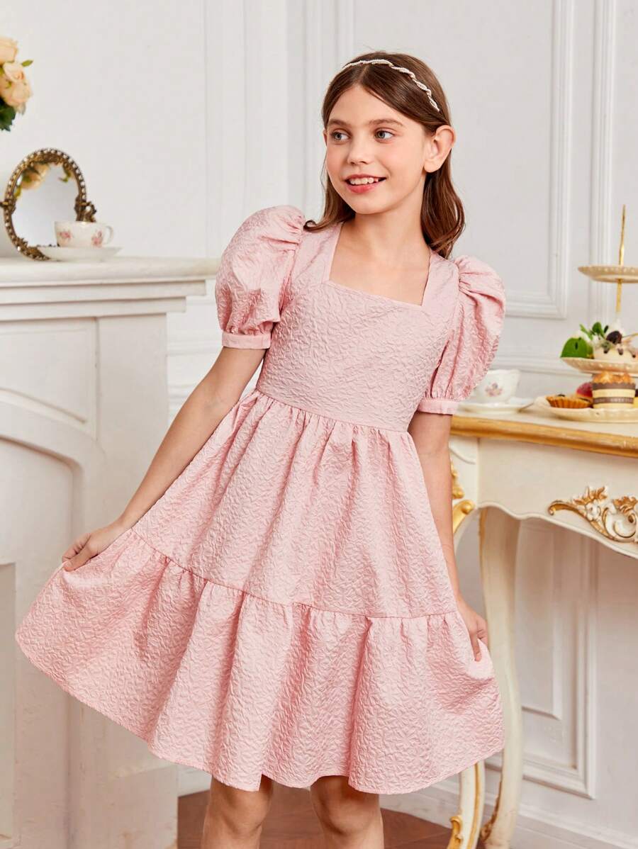 SHEIN 女孩方領泡泡袖荷葉邊連衣裙 - 珊瑚粉 - 查看 1