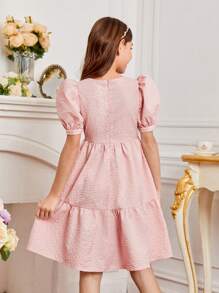 SHEIN 女孩方領泡泡袖荷葉邊連衣裙 - 珊瑚粉 - 查看 2