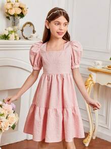 SHEIN 女孩方領泡泡袖荷葉邊連衣裙 - 珊瑚粉 - 查看 3