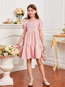 SHEIN 女孩方領泡泡袖荷葉邊連衣裙 - 珊瑚粉 - 查看 4