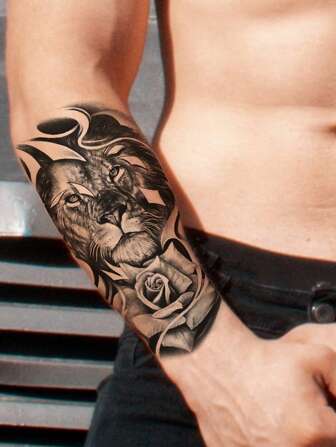 Pegatina de tatuaje con patrón de flores y León, tatuaje temporal resistente al agua, calcomanías de arte corporal Diy, 2 hojas de decoración para fiestas y festivales