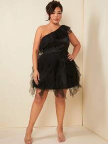 SHEIN SXY Talla grande Vestido de malla de un hombro - Negro - Ver 3