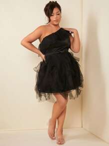 SHEIN SXY Talla grande Vestido de malla de un hombro - Negro - Ver 4