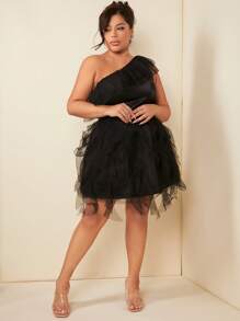 SHEIN SXY Talla grande Vestido de malla de un hombro - Negro - Ver 5