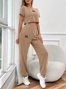 SHEIN LUNE 字母圖案T恤和運動褲 - 卡其色 - 查看 6