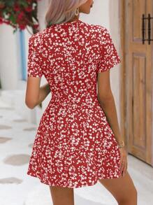 SHEIN VCAY Ditsy Floral Print Dress - Red - View 2