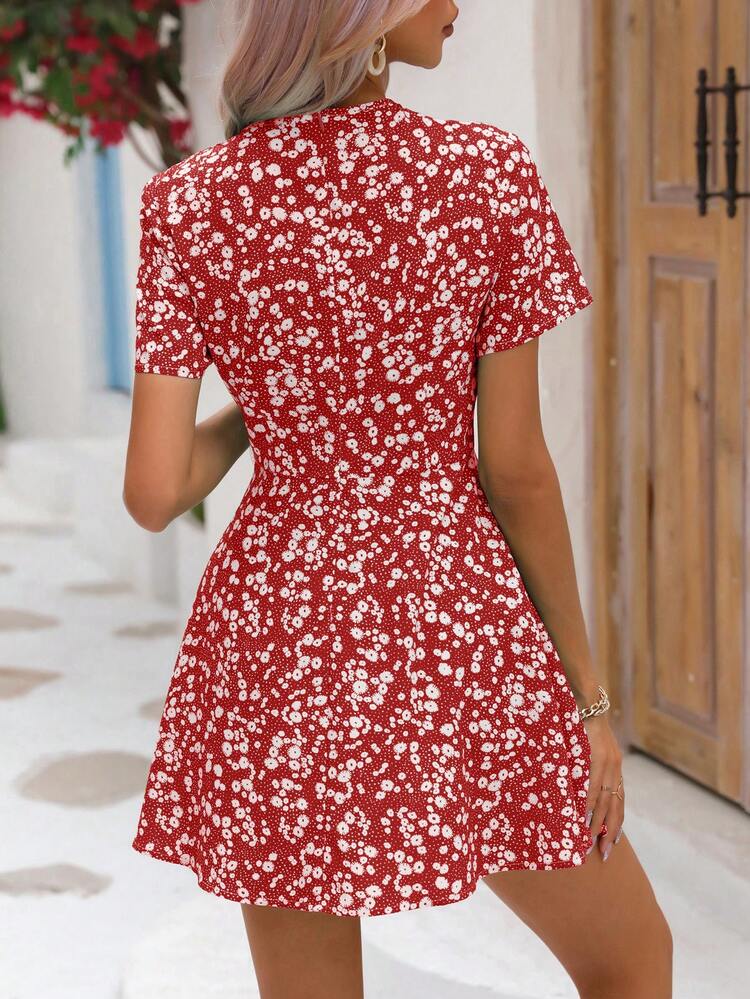 SHEIN VCAY Ditsy Floral Print Dress - Red - View 2