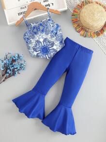 SHEIN Toddler Girls Floral Print Cami Top & Flare Leg Trousers Set - Blue and White - View 1