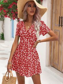 SHEIN VCAY Ditsy Floral Print Dress - Red - View 5