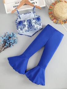 SHEIN Toddler Girls Floral Print Cami Top & Flare Leg Trousers Set - Blue and White - View 2