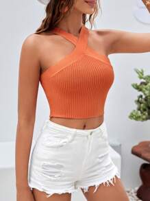 SHEIN VCAY 十字交叉針織短上衣 - 橘色 - 查看 4