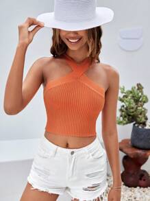 SHEIN VCAY 十字交叉針織短上衣 - 橘色 - 查看 3