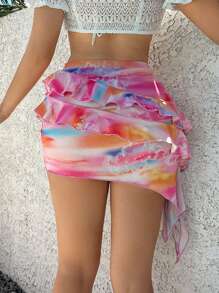 SHEIN ICON Tie Dye Print Ruffle Trim Asymmetrical Hem Skirt - Multicolor - View 2