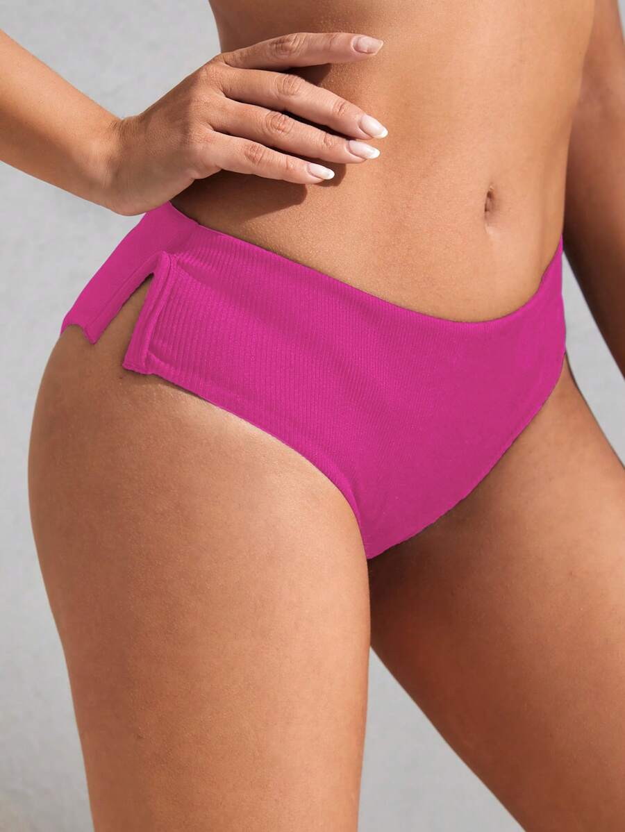 素色開衩側泳衣下裝 - 玫紅色 - 查看 1