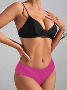 素色開衩側泳衣下裝 - 玫紅色 - 查看 5