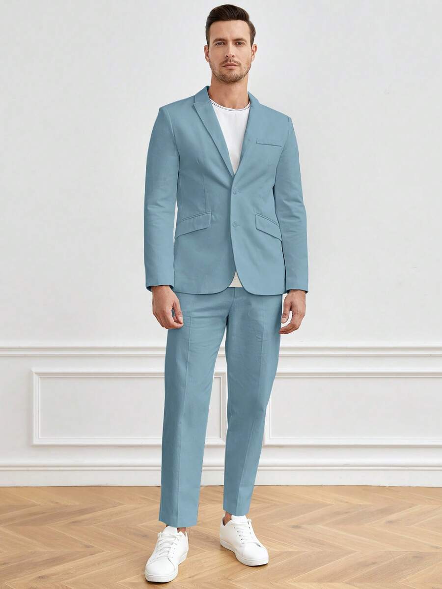 Manfinity VCAY Men Cotton Solid Single Button Blazer & Pants Set Without Tee - Dusty Blue - View 1