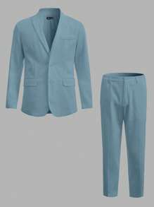 Manfinity VCAY Men Cotton Solid Single Button Blazer & Pants Set Without Tee - Dusty Blue - View 2