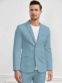 Manfinity VCAY Men Cotton Solid Single Button Blazer & Pants Set Without Tee - Dusty Blue - View 4