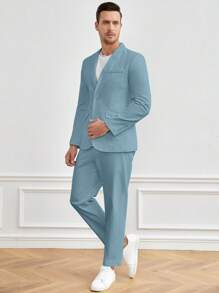 Manfinity VCAY Men Cotton Solid Single Button Blazer & Pants Set Without Tee - Dusty Blue - View 7