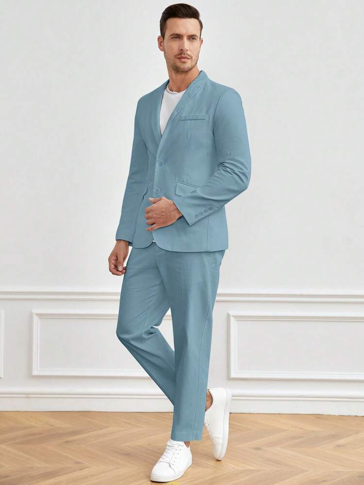 Men Cotton Solid Single Button Blazer & Pants Set Without Tee
