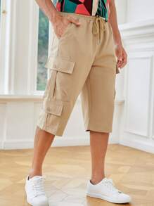 Manfinity VCAY Men Flap Pocket Side Drawstring Waist Cargo Trousers - Khaki - View 1