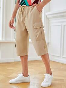 Manfinity VCAY Men Flap Pocket Side Drawstring Waist Cargo Trousers - Khaki - View 4