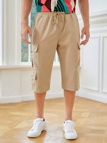 Manfinity VCAY Men Flap Pocket Side Drawstring Waist Cargo Trousers - Khaki - View 5