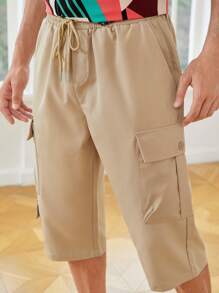 Manfinity VCAY Men Flap Pocket Side Drawstring Waist Cargo Trousers - Khaki - View 6