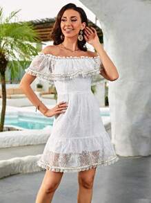 GENKIRA Vestido de hombros descubiertos ribete con fruncido con encaje - Multicolor - Ver 1