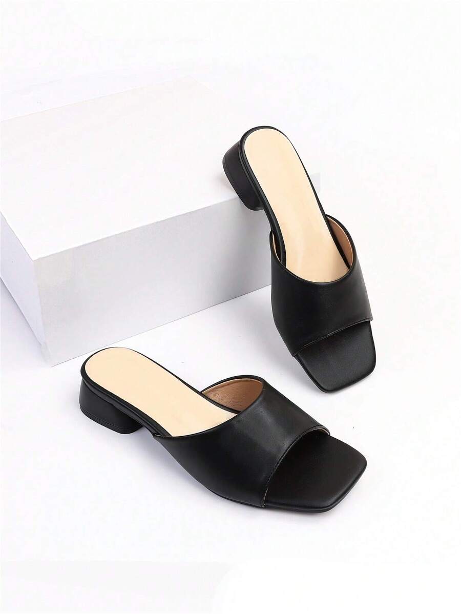 Women Single Band Chunky Heeled Sandals, Elegant Outdoor Mule Heeled Sandals - Black - View 1