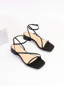 女性交叉搭扣裝飾粗跟優雅戶外踝帶高跟涼鞋 - 黑色 - 查看 1