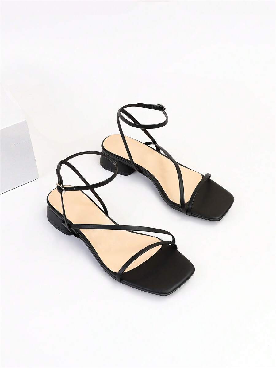 女性交叉搭扣裝飾粗跟優雅戶外踝帶高跟涼鞋 - 黑色 - 查看 1