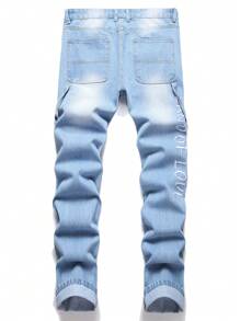 Men Letter Embroidery Ripped Frayed Bleach Wash Jeans - Light Wash - View 1