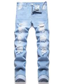 Men Letter Embroidery Ripped Frayed Bleach Wash Jeans - Light Wash - View 2